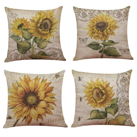 Sofa And Cushion Covers Popeven 4PCS 18x18 Throw Pillow Covers Decorative Couch Pillow Cases Cotton Linen Pillow Square Cushion Cover for Sofa, Couch, Bed and Car (Sunflower) ()