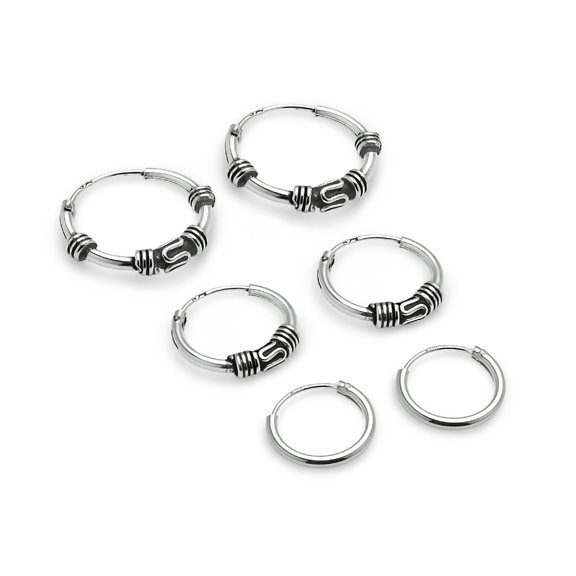 Sterling Silver 10mm, 12mm & 14mm Polished and Bali Endless Hoop Earrings, Set of 3