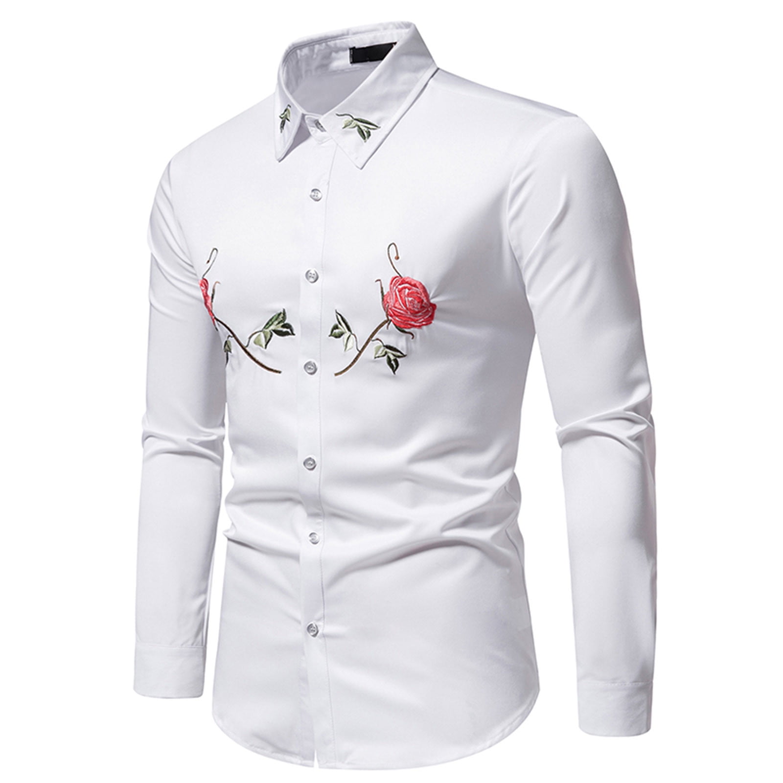 Brglopf Men's Embroidered Rose Design Shirt Long Sleeve Button Down Shirt  Slim Fit Dress Shirts