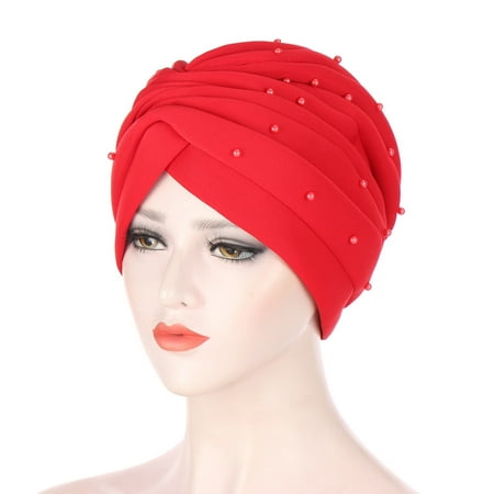 hats for women fashionable dressy Women Solid Beading India Hat Ruffle Cancer Chemo Hat Beanie Wrap Cap