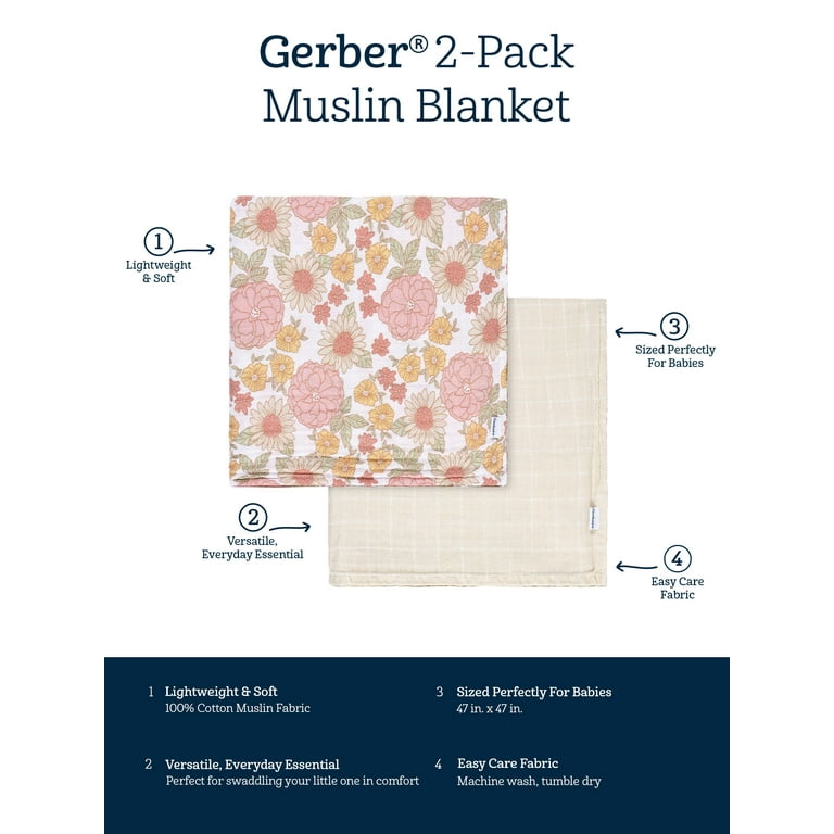 Gerber Baby Boy or Girl Unisex Muslins Swaddle Blanket 2 Pack Retro Floral Walmart