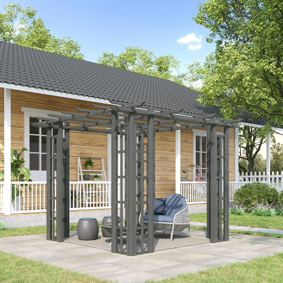 Outsunny 9' x 9' x 7' Dark Grey Vinyl Pergola, Flat Top, Adjustable Canopy