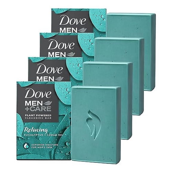 DOVE MEN CARE Cleansing HYZ01 Bar Soap Eucalyptus Cedar Oil 4 Count to Rebuild Skin in the Shower, a 4in1 Hair, Body, Face & Shaving Bar with Plant-Based Cleanser and Natural Oils 5 oz