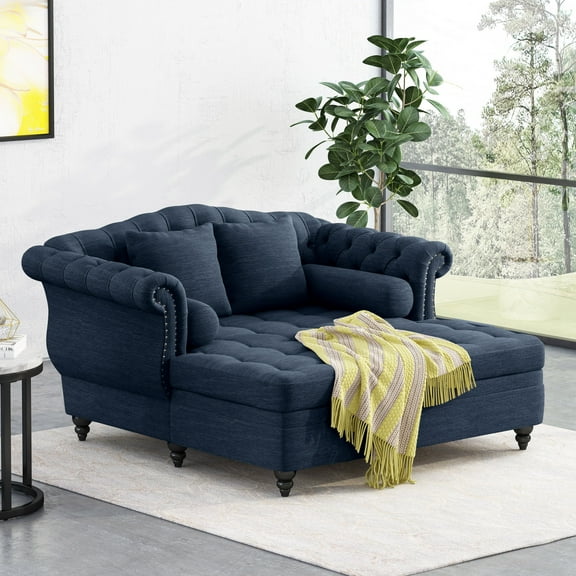 Christopher Knight Home 62.5" Large Loveseat Chaise Lounge, Sofa Bed Couch with Scroll Arms and Pillows, Navy Blue