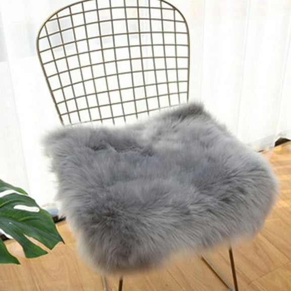 Soft Fluffy Chair Cushion Light Gray Shaggy Plush Faux Sheepskin Non-Slip Back 16"x16" Seat Mat Home Decor Small Pad Rug