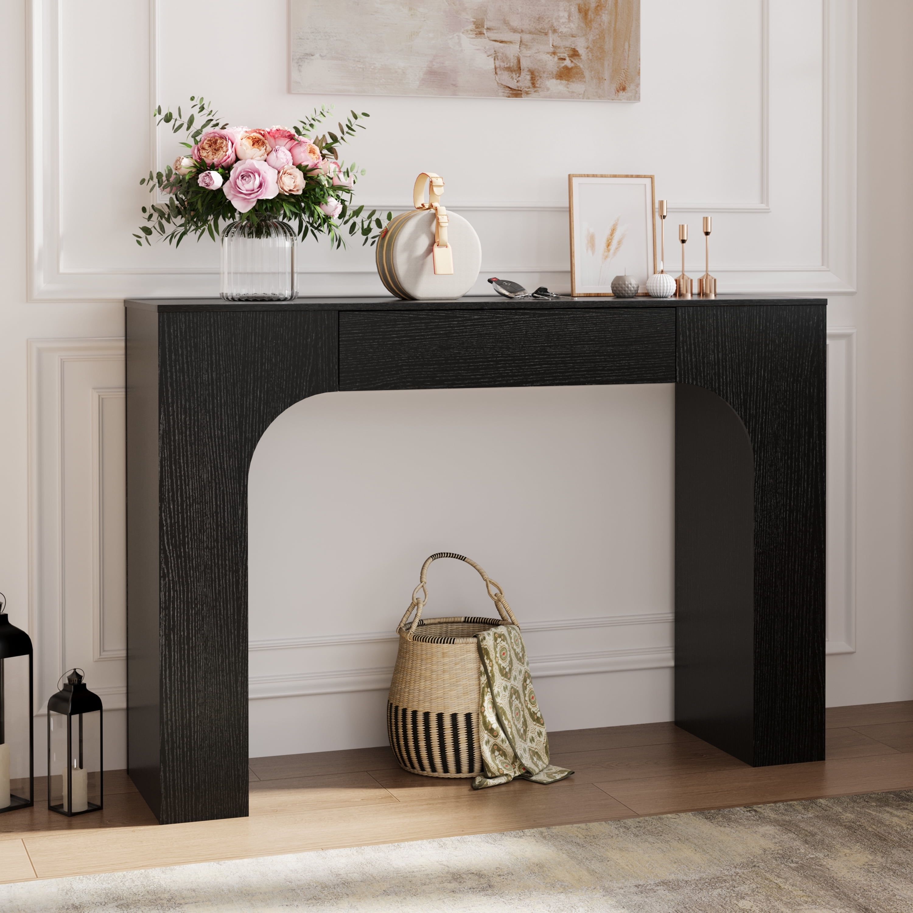 47" Long Console Table with Drawer, Narrow Entryway Table with Anti-Tipping Kit, Farmhouse Walnut Sofa Table for Hallway, Living Room, TV Stand, Black Embossed