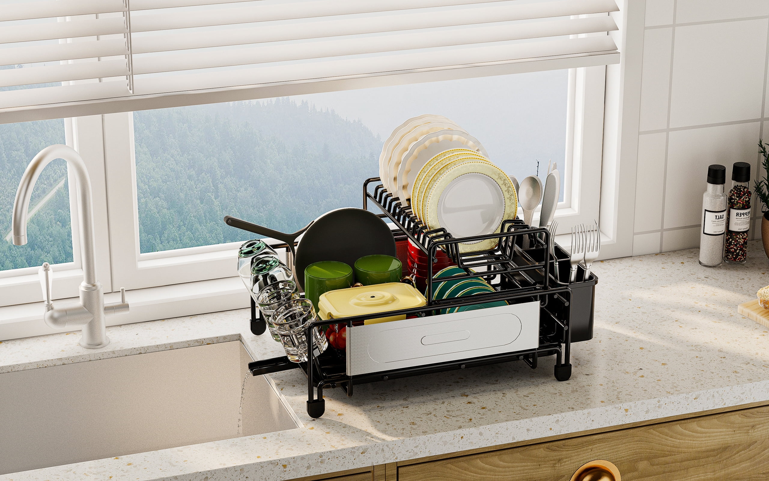 Large Dish Drying Rack for Kitchen Counter, Detachable Large Capacity Dish Drainer Organizer, 2-Tier Dish Racks with Utensil Holder, Black