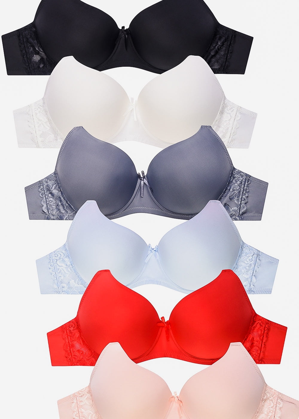 Womens DD Cup Bras 6 Pack of Padded Push Up Solid