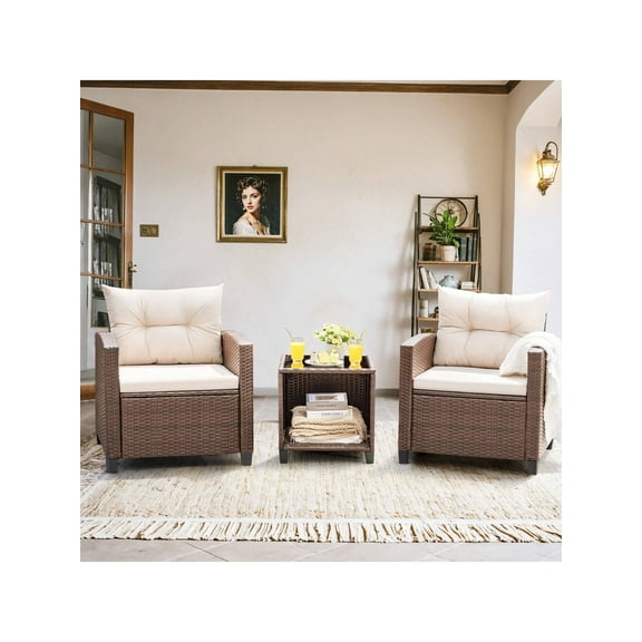 3 Pieces Outdoor Furniture Patio Bistro Furniture Set, Rattan Conversation Chair With Cushion And Tea Table, Patio Furniture Set For Balcony, Garden, Porch