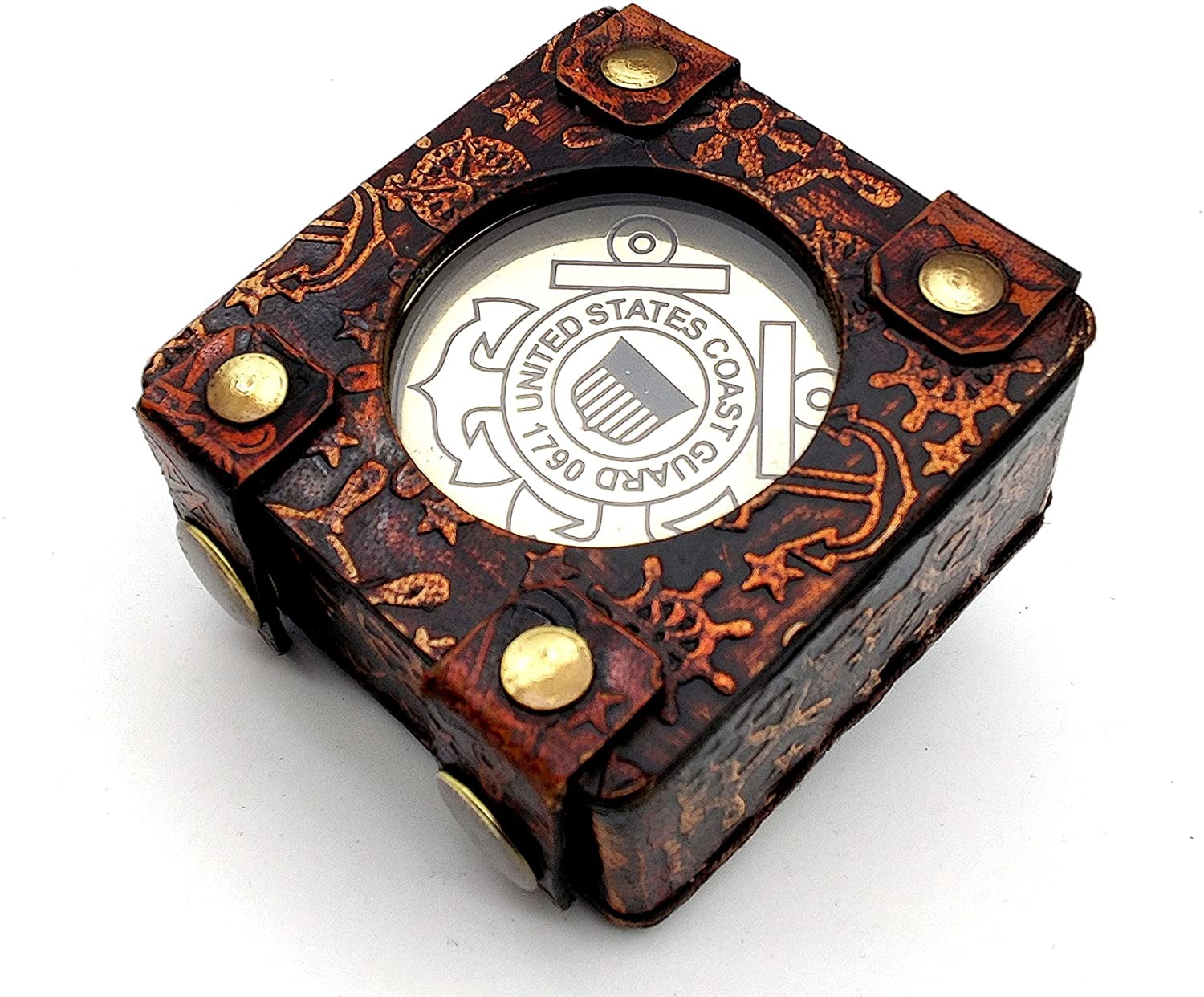 5MOONSUN5's US Coast Guard Engraved Brass Military Compass Nautical Marine Gift A Perfect and Unique Gift for Army Person Survival Navigation Compass for Hiking Camping with Leather Display Case