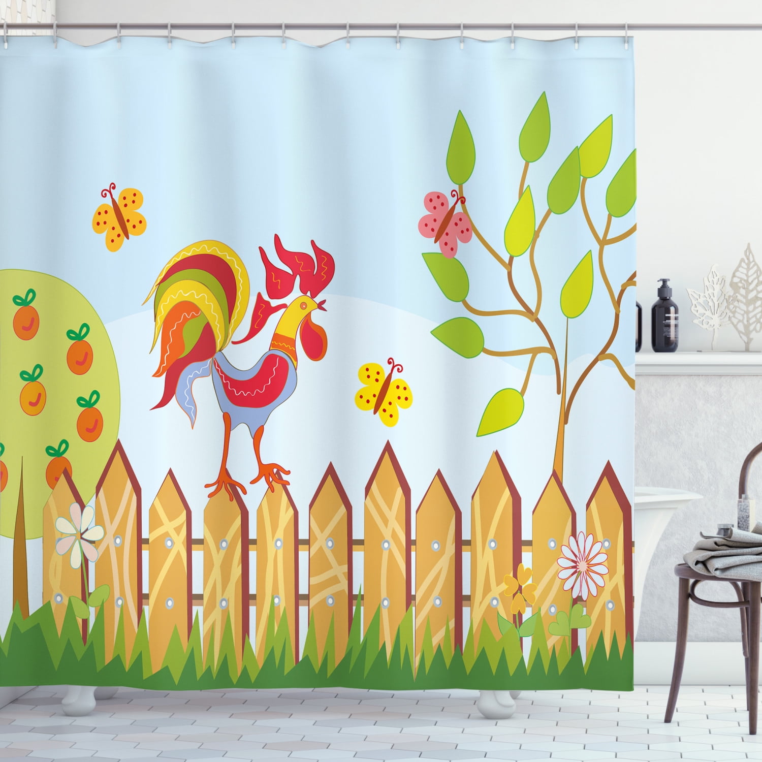 Farmhouse Rooster Reported Shower Curtain Set Polyester Fabric Bathroom 12 Hooks 