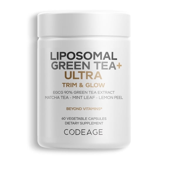 Codeage Liposomal Green Tea+ Ultra Potency - EGCG 90% Green Tea Extract, Organic Matcha Green Tea Powder, Peppermint, Lemon Peel - Vegan, Non-GMO, Gluten-Free - Liposomal Delivery - 60 Capsules