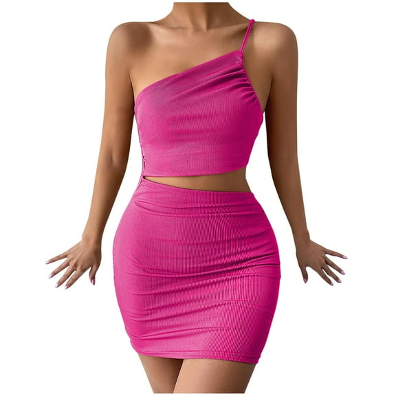 Fesfesfes Women Dress Solid Color Design Hip Drawstring One-shoulder Short Dress Plus Size $10