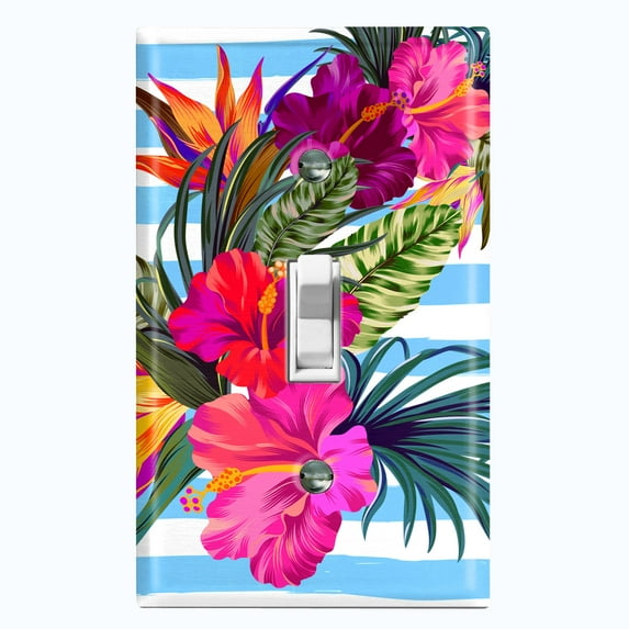 Metal Light Switch Plate Cover Hibiscus Flower Wreath Teal Stripes FLW033