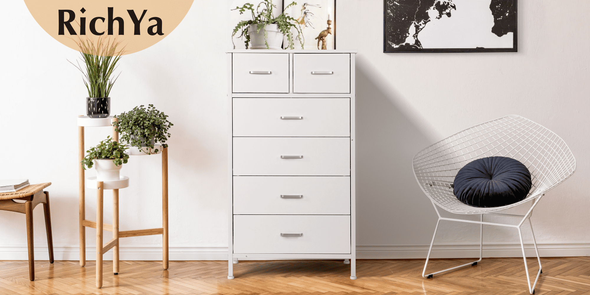 Richya Chest of Drawers, Dresser for Bedroom & Living Room with 6 Drawers, Steel Frame & Anti Fall Device,  White
