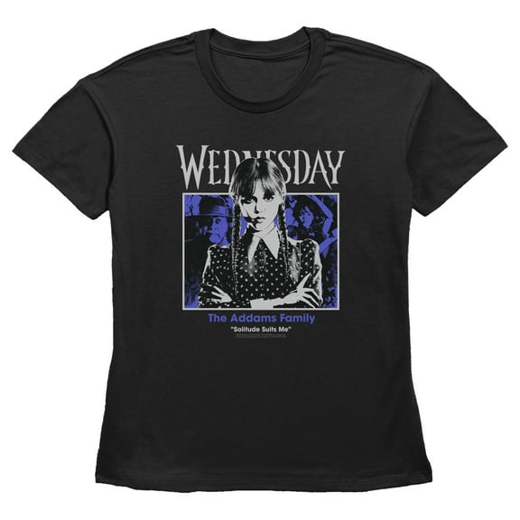 Women's Wednesday Solitude Suits Me Portrait  Graphic Tee Black Large