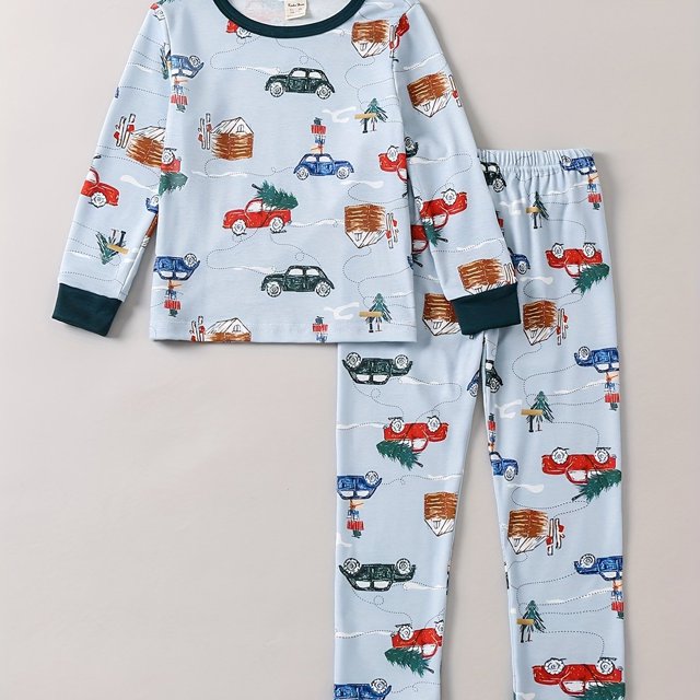 Kid's 2pcs Pijama, Conjunto De Top De Manga Larga Y Pantalones De Cintura Elástica, Estampado De Árbol Y Coche, Ropa De Descanso, Conjunto De PJ Cómodo Y Casual De Estilo Navideño Para Niños Y Niñas