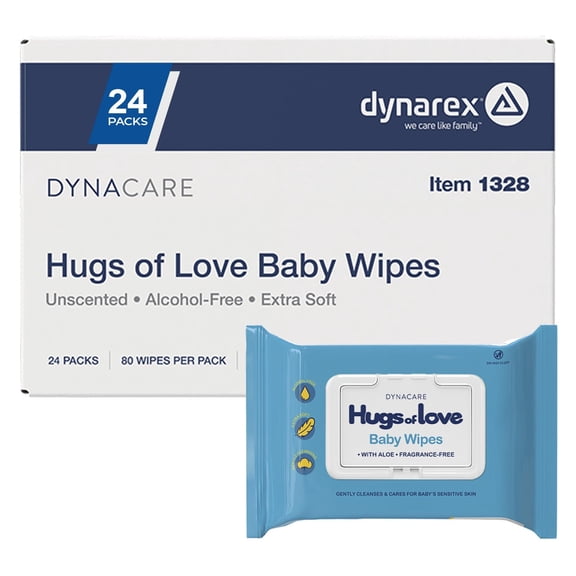 Dynarex Alcohol-Free Aloe Baby Wipes, Extra Soft Wet Wipes, Unscented, 24 Resealable Pack (1920 Wipes)