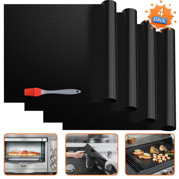 Aovky Oven Liners for Bottom of Oven 4 Pack, 15.7" x 23.6" Large Thick Heavy Duty Non Stick Teflon Oven Mats for Bottom of Electric Ovens Gas Ovens Microwave Grills, Black with Silicone Brush