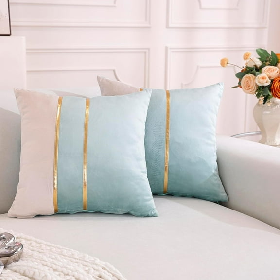 TAOSON Velvet Throw Pillow Covers,Pack of 2 Soft Decorative Cushion Covers Cases Aqua Beige Patchwork with Gold Leather for Sofa Bedroom Livingroom Car, 18 x 18 Inch