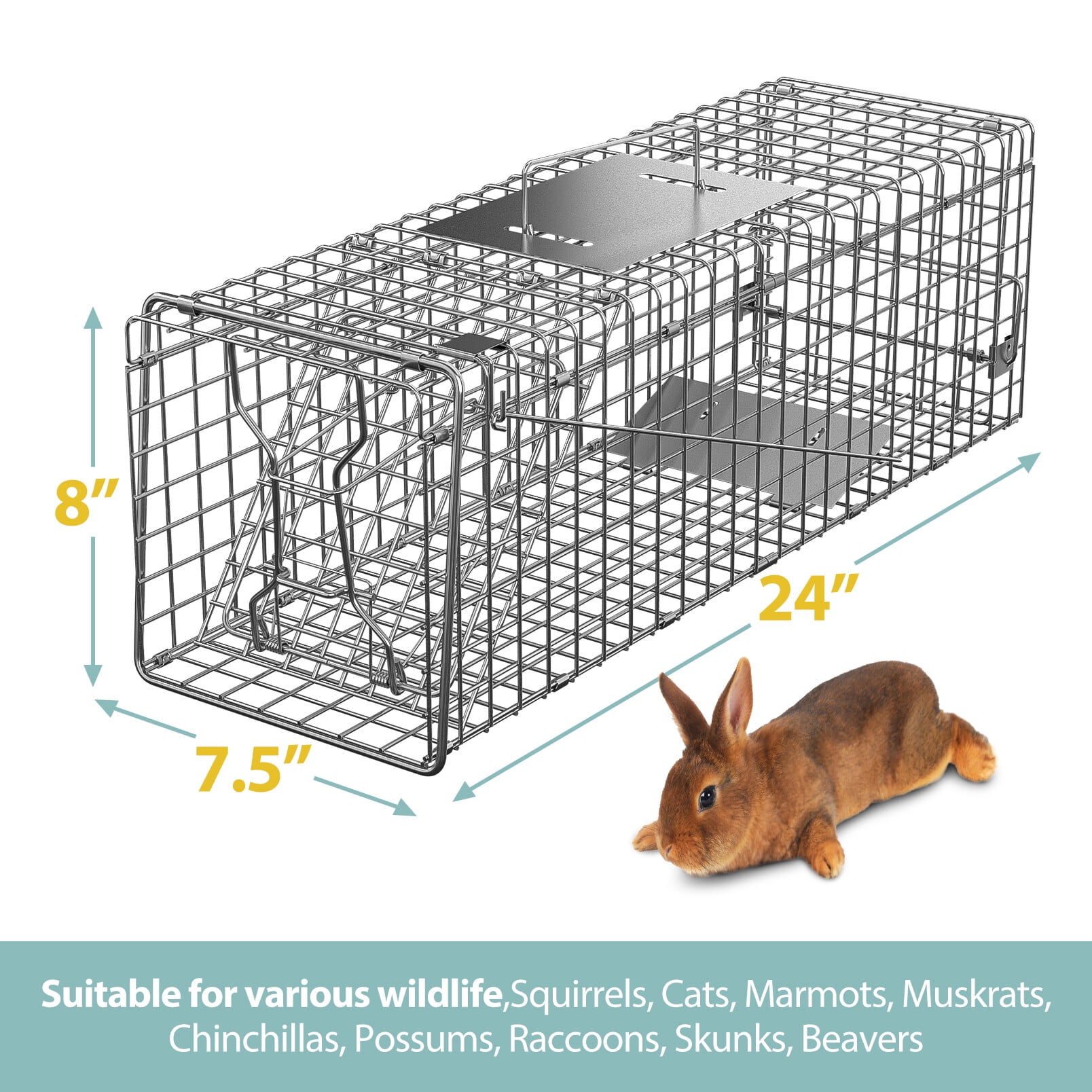 HomGarden 24inch Foldable Humane Live Animal Trap Cage for Squirrel, Rat, Bunny, Mink, No-Kill Bait Trapping Kit, Catch & Release, Silver