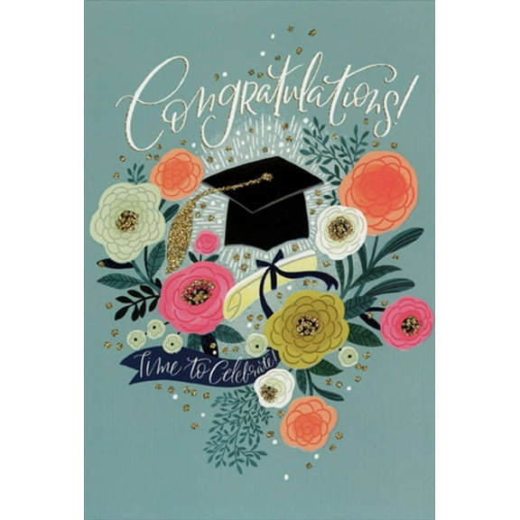 Pictura Cap and Degree Surrounded by Sparkling Flowers on Blue Feminine Graduation Congratulations Card for Her