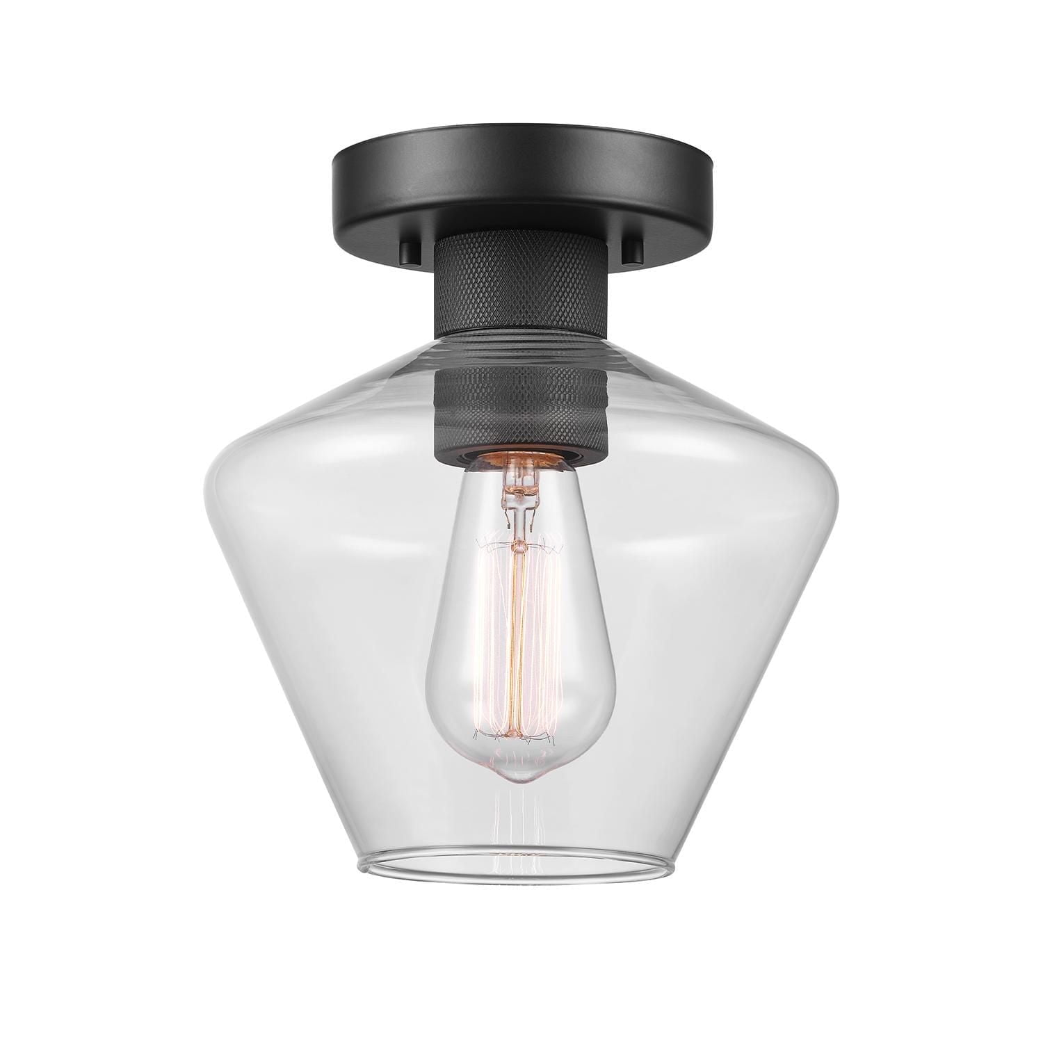 1-Light Matte Black Semi-Flush Mount Ceiling Light with Clear Glass Shade and Diamond Knurl Texture on Socket