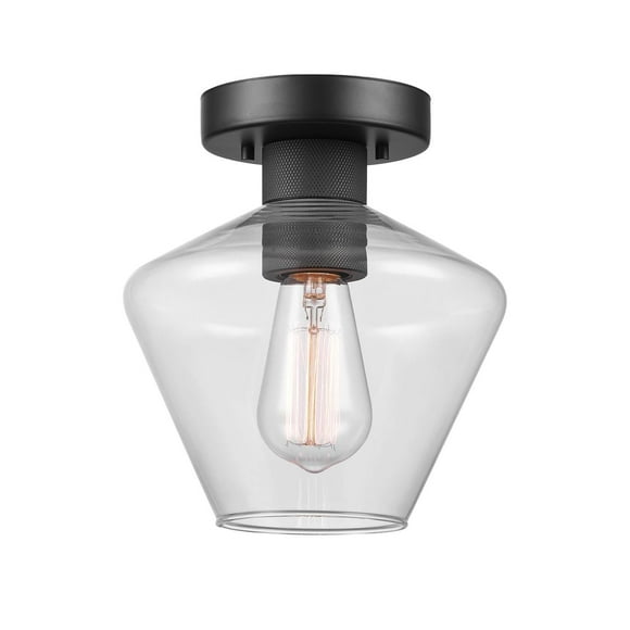1-Light Matte Black Semi-Flush Mount Ceiling Light with Clear Glass Shade and Diamond Knurl Texture on Socket