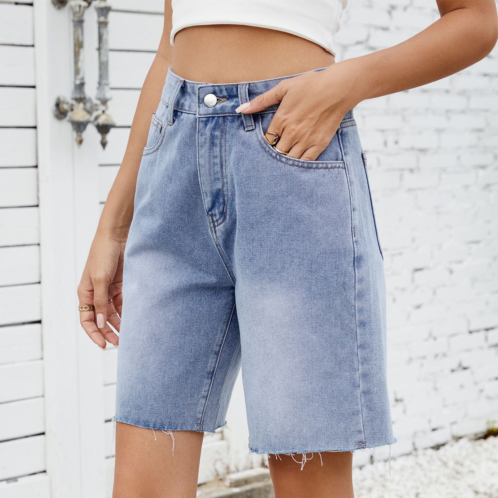 uublik High Waisted Shorts Women Jean Summer Casual Jeans Shorts Loose Jorts Knee Length Denim Blue, S-2XL