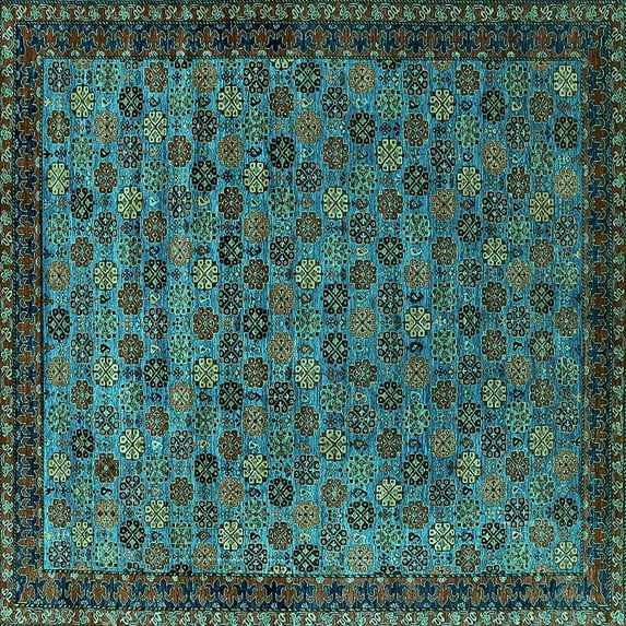 Ahgly Company Machine Washable Indoor Square Oriental Turquoise Blue Industrial Area Rugs, 7' Square