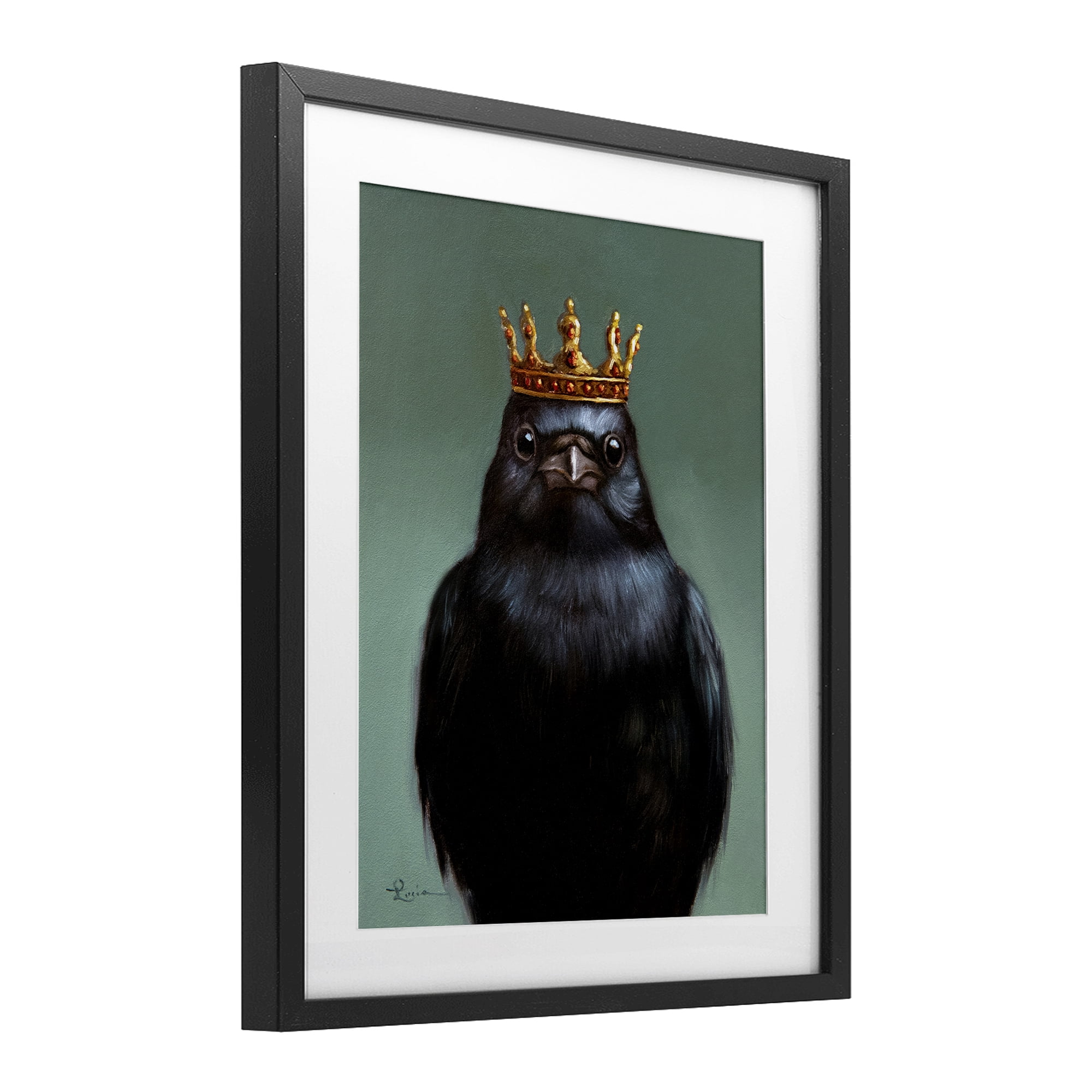 King Crow Portrait Black Framed Print Under Glass, design by Lucia Heffernan