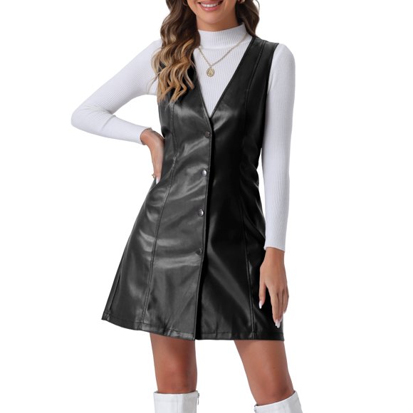 INSPIRE CHIC Faux Leather Dress for Women's Pinafore Button V Neck Sleeveless Mini Overall Dresses