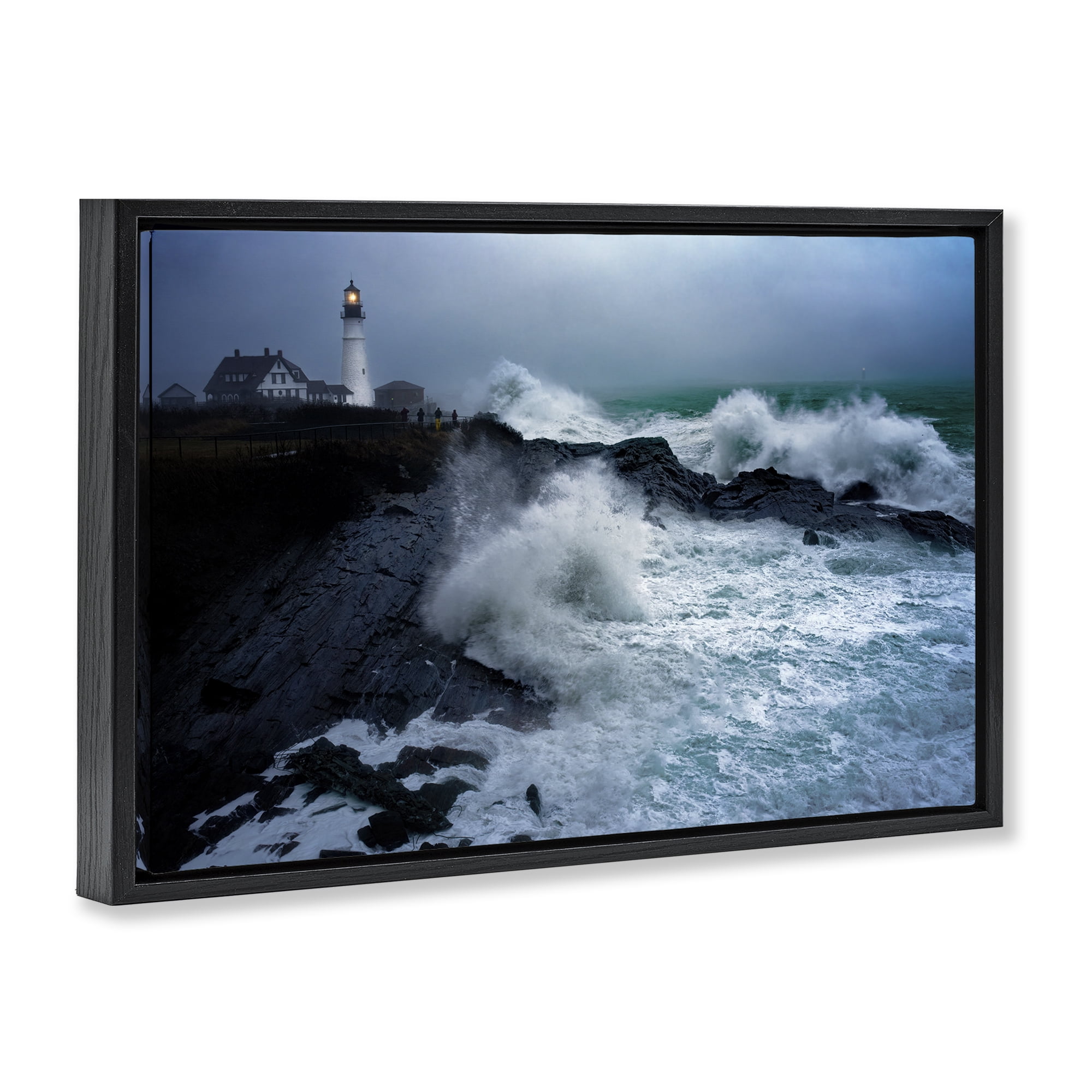 Stupell Industries Splashing Waters with Lighthouse Nautical & Beach Photography Black Floater Framed Canvas Art Print Wall Art, 31 x 21