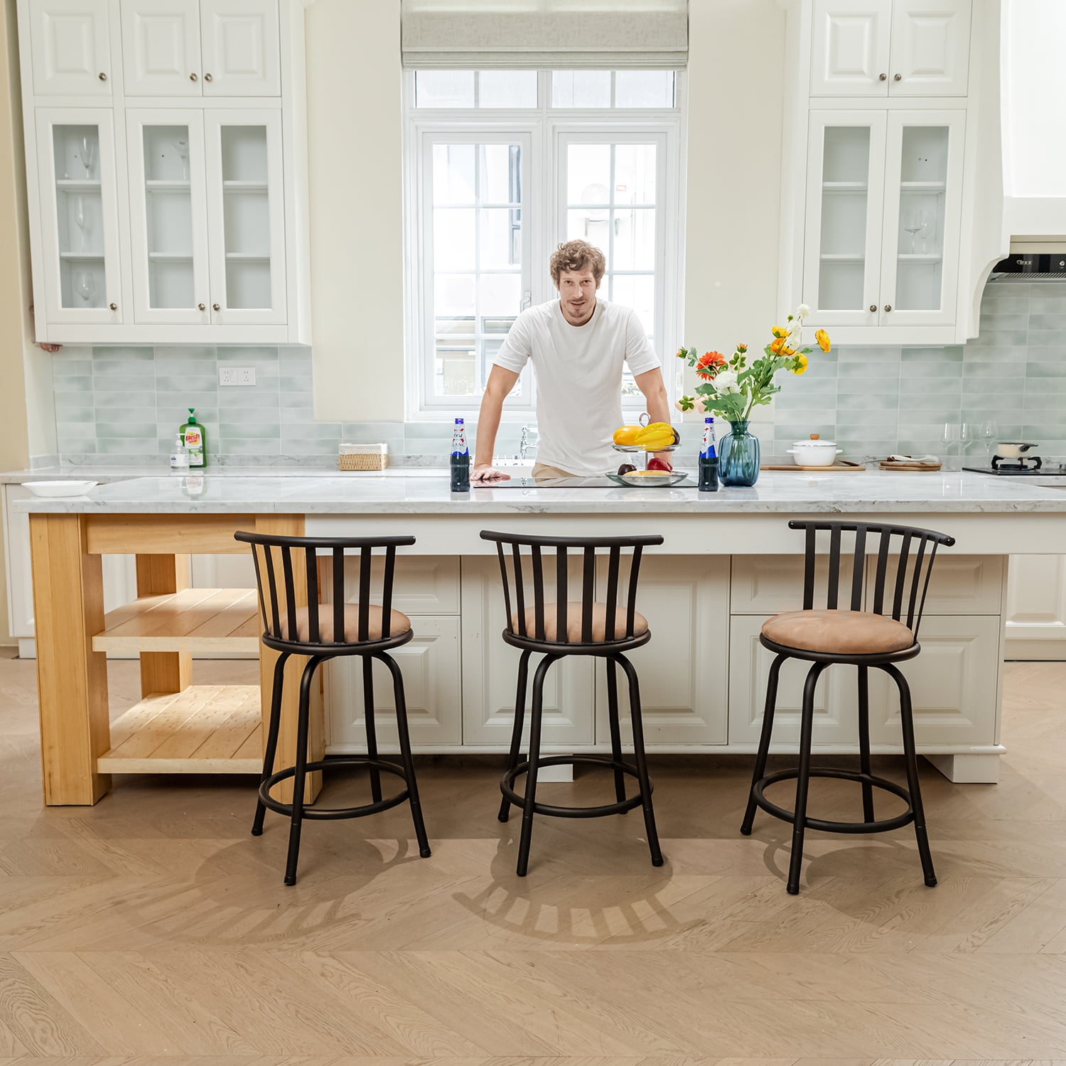 Homy Casa Swivel Bar Stools Set of 3, 24 inch Counter Height Stools for Home Kitchen Island, Brown