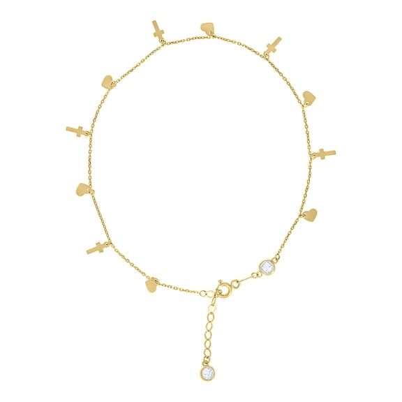 10kt Real Yellow Gold Womens Cubic-Zirconia Heart Cross Charms Chain Anklet Size 9 1 Inches