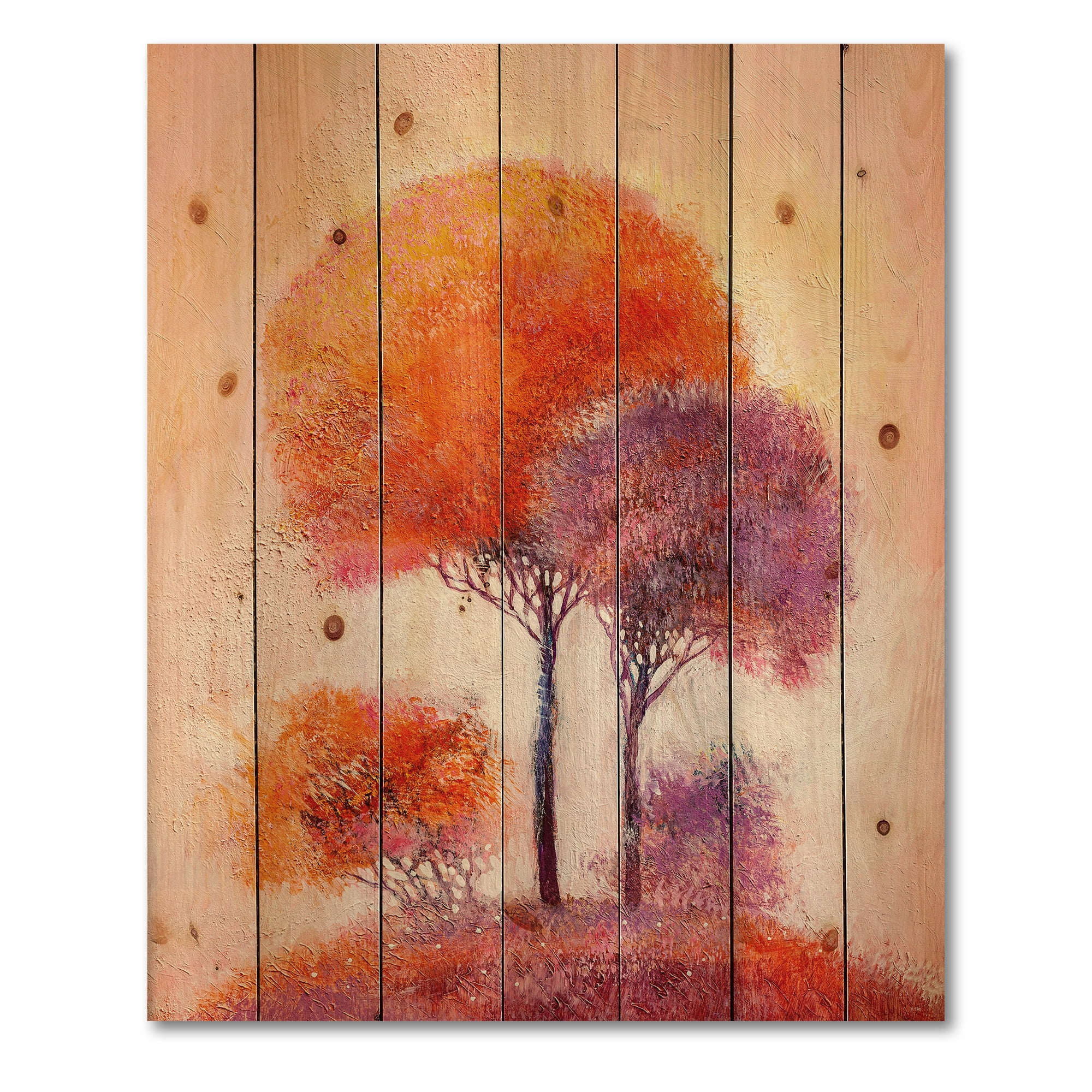 Designart 'Colourful Trees Abtract Impression I' Traditional Print on Natural Pine Wood