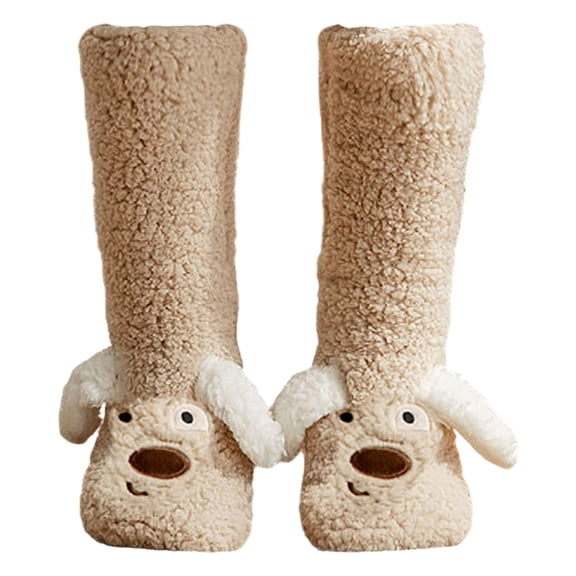 Cozy Thick Coral Fleece Non-Slip Slipper Socks, Cute Plush Fuzzy Warm Thermal Boot Socks For Winter, Machine Washable, Funny Cute Animal Thermal Non Slip Fleece Cozy Socks (Khaki)