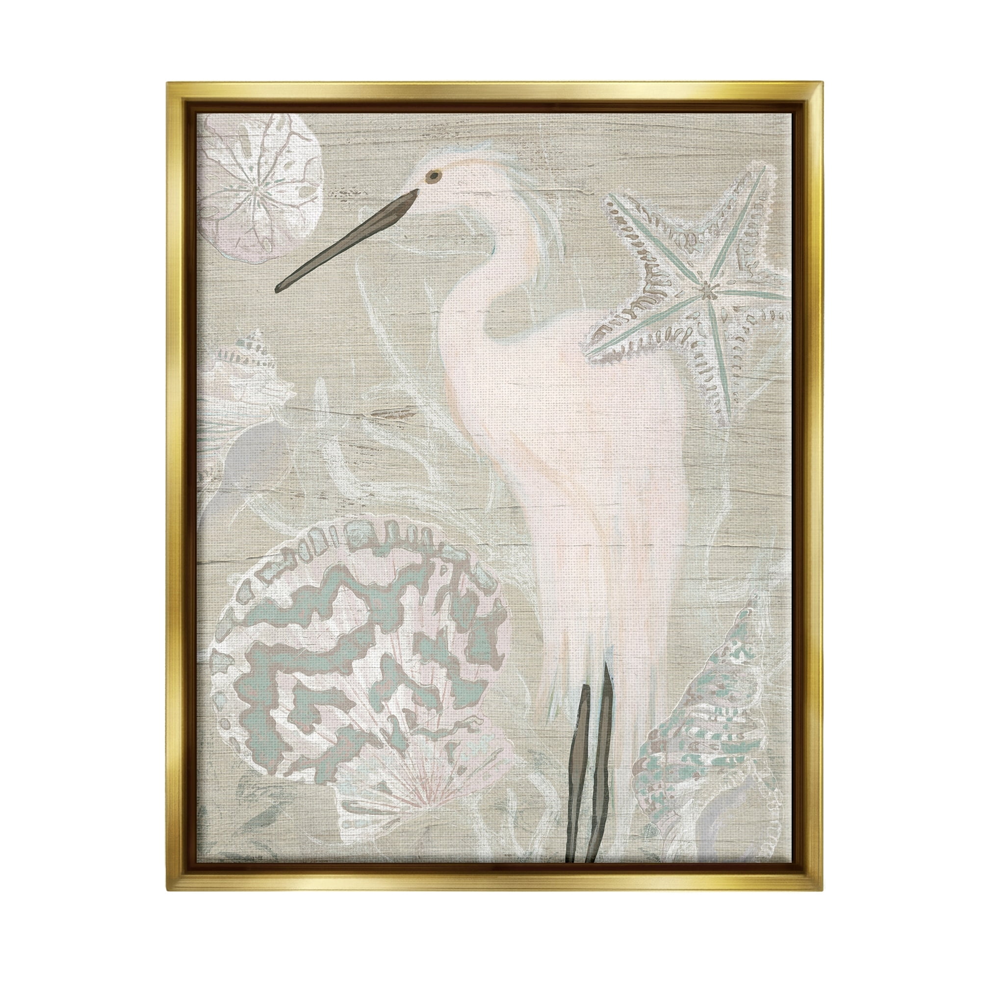 Stupell Industries Rustic Seashells Egret Bird Grainy Pattern Sign Graphic Art Metallic Gold Floating Framed Canvas Print Wall Art, Design by June Erica Vess