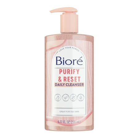 Biore Purify & Reset Daily Cleanser, Charcoal and Rose Quartz Face Wash, 6.77 oz