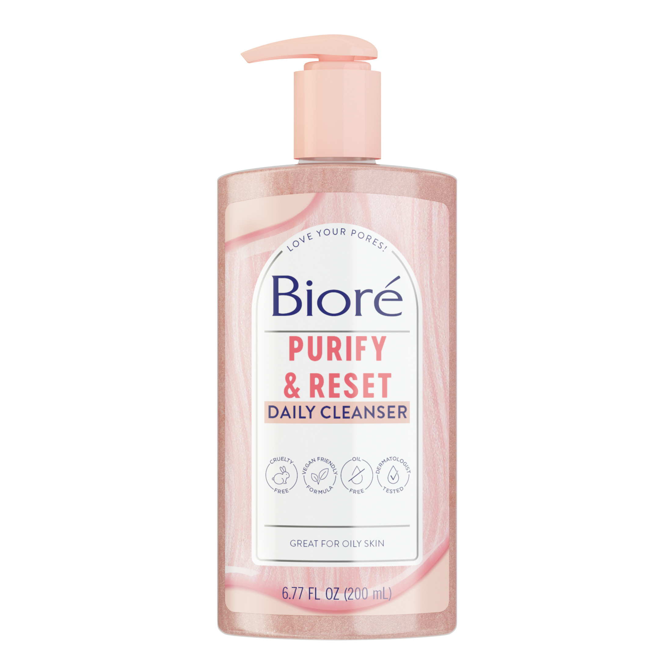 Biore Purify & Reset Daily Cleanser, Charcoal and Rose Quartz Face Wash, 6.77 oz