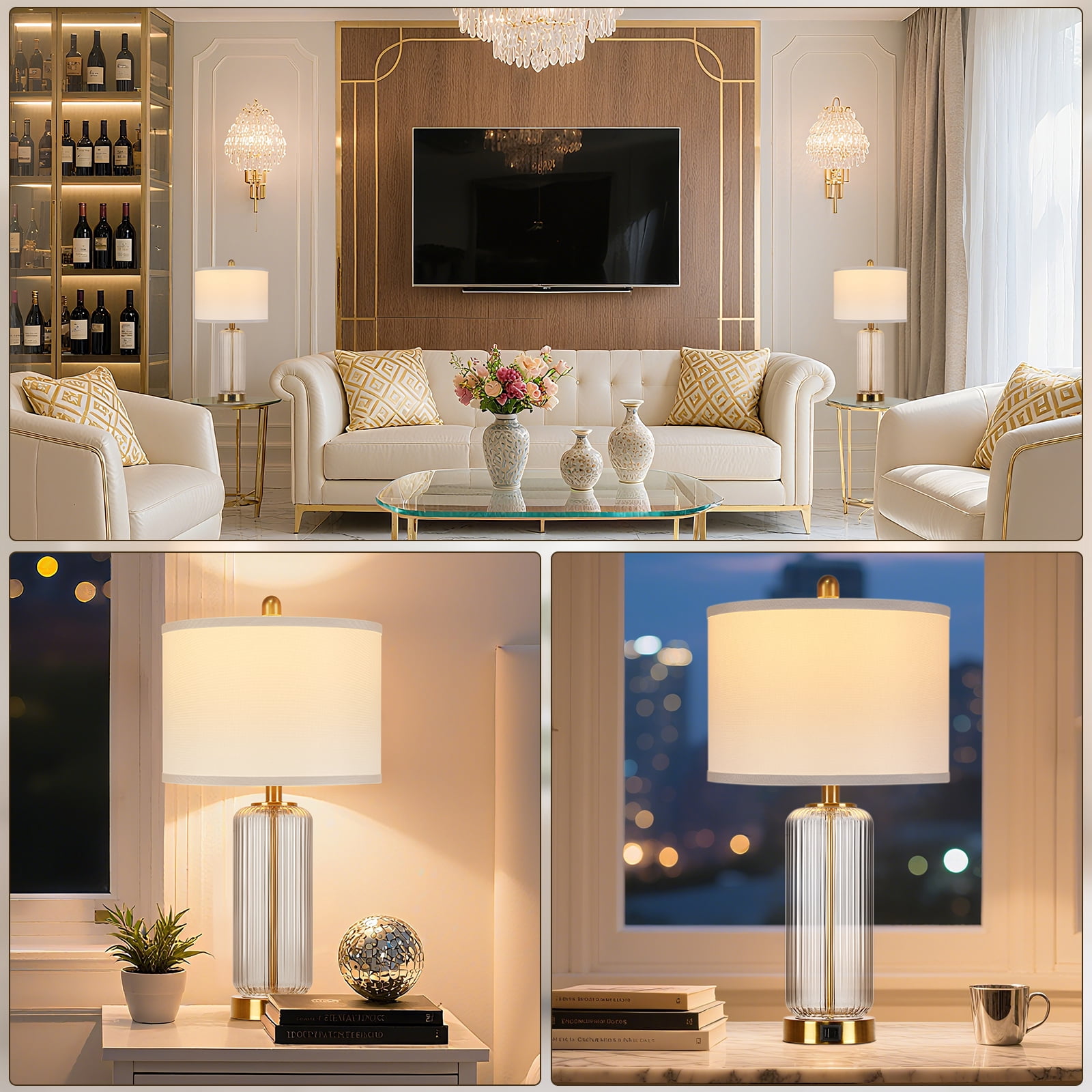 27" Modern Glass Table Lamps with USB A+C Ports, Clear Bedside Lamps Desk Lamps for Bedroom