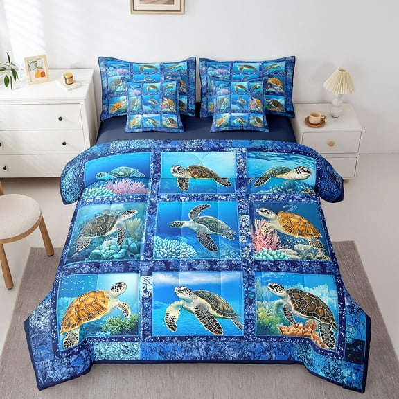 Erosebridal Sea Turtle Comforter Set Twin 7 Pcs 3D Reptile Animal Printed Ocean Marine Themed Plaid Bedding Set Marine life Sealife Bed in a Bag with Comforter,Sheets