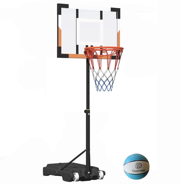 Danrelax Pool Basketball Hoop, Height Adjustable 3.9" to 6.9", Orange Steel Frame, Water Base, Includes Air Pump, 8-Inch Rubber Ball, Indoor & Outdoor Use