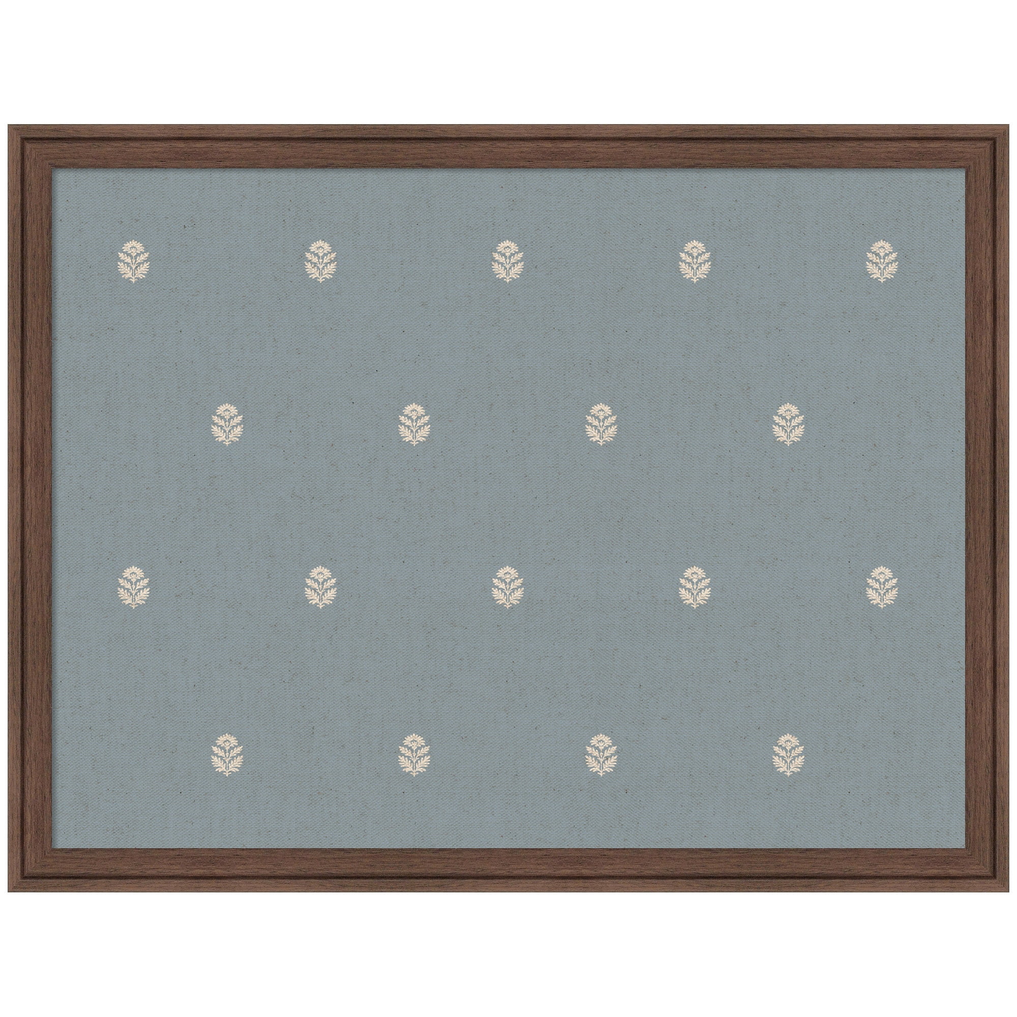 Kate and Laurel Framed Fabric Pinboard 26 x 20, Blue Botanical Block Print Printed Linen Classic Bulletin Board for Use as a Vision Board or Wall Organization, Florence Medium Brown Frame
