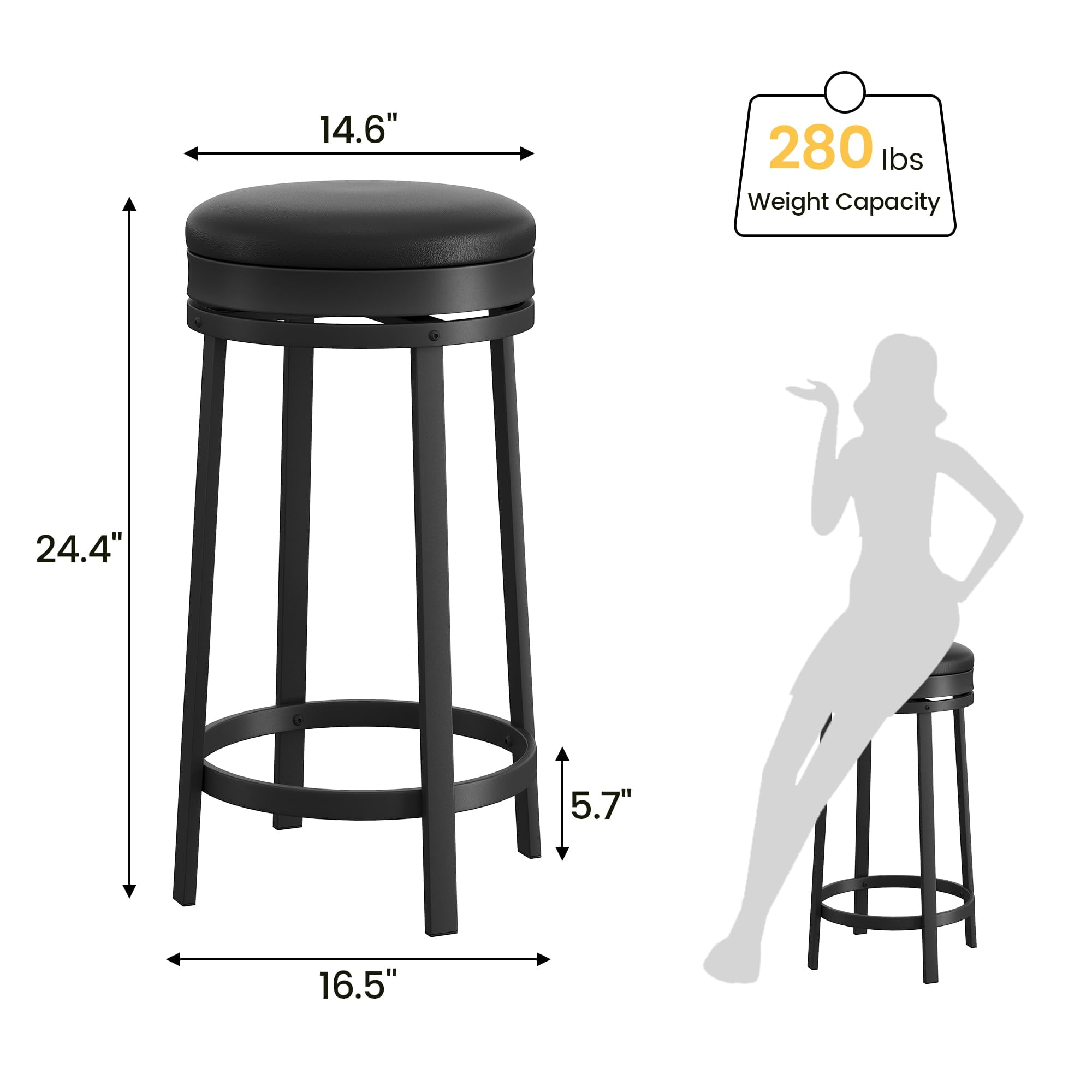 24"Swivel Bar Stools with Footrest, Modern Counter Height Barstools with Pu Leather Upholstered and Metal Frame, Backless Round Bar Stools for Kitchen Island, Black