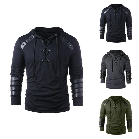 Mens Hoodies Pullover 2025 Long Sleeve Leather Patchwork Lace Up Drawstring Hoodie Hooded Sweatshirt