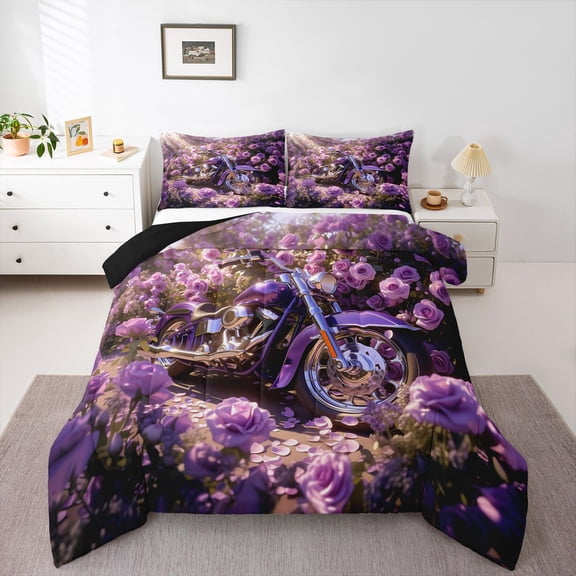 Castle Fairy Purple Motorcycle Full Size Comforter Sets 3 Pieces for Teens, Rose Garden Art Bedding Sets for Bedroom, Purple Pink,Black Reversible