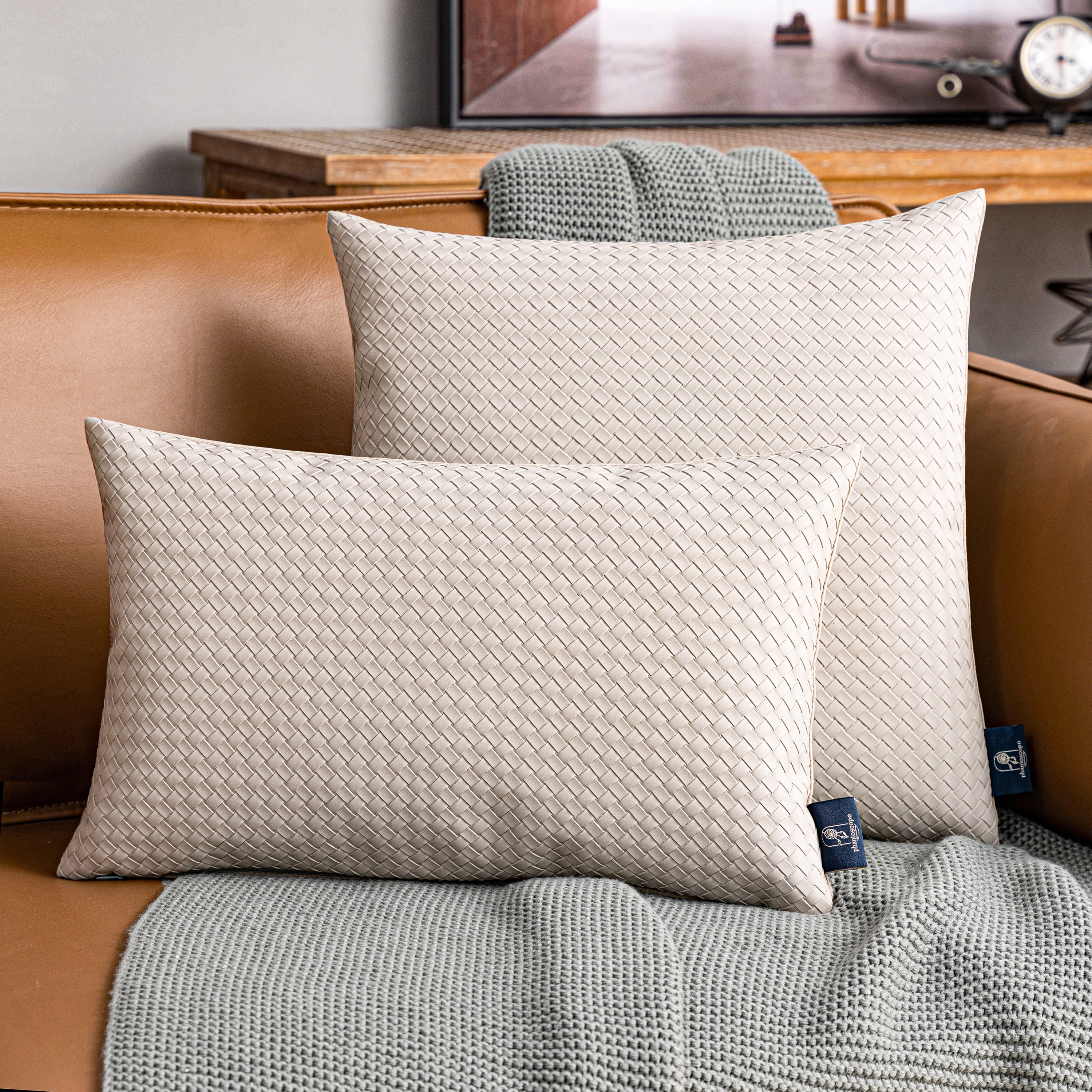 Phantoscope Modern Faux Leather Woven Square Cusion Solid Accent Decorative Throw Pillow for Couch, 18" x 18", Beige, 2 Pack