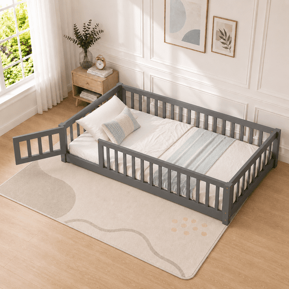 PAPROOS Twin Montessor Floor Bed, Solid Wood Toddler Bed with Safety Guardrail and Door, Easy Assembly, Low-to-Floor Bed Frame with Slats for Kids, Gray
