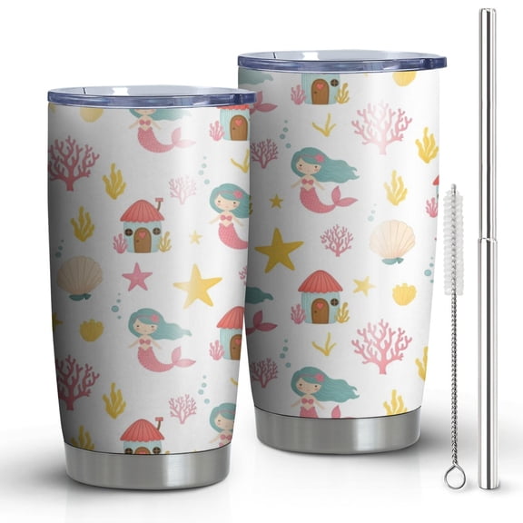 20oz Tumblers White Mermaid Pattern Stainless Steel Vacuum Insulated Double Wall Travel Tumbler Cups Mug with Lid and Straw,Cleaning Brush for Cold & Hot Drinks